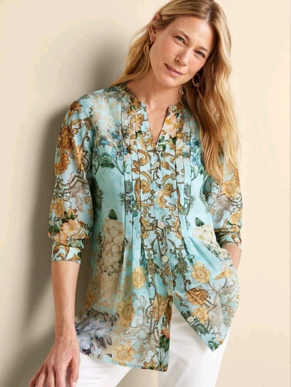 Soft Surroundings NWT Baroque Top Cami Missy Multi Floral Mint Green Gold M